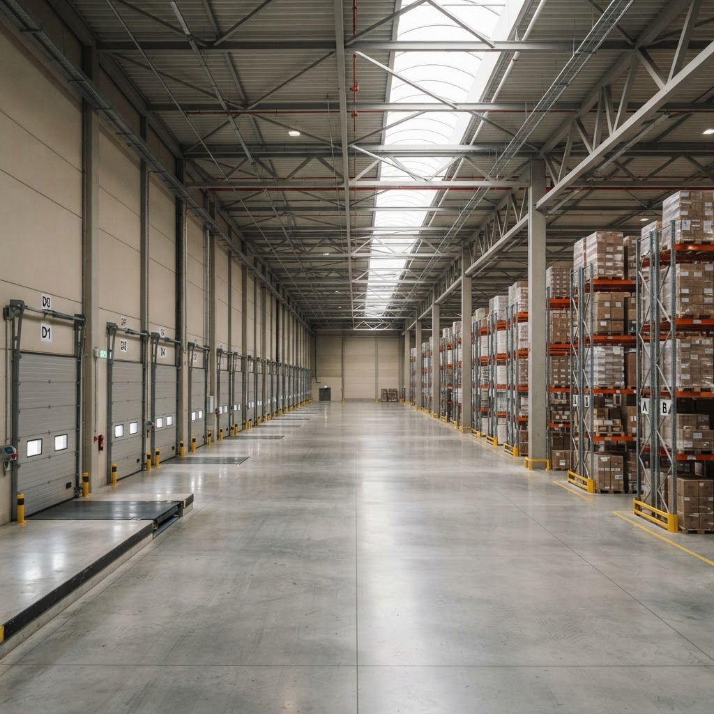 Armazém de grande dimensão com cais de carga e racking organizado